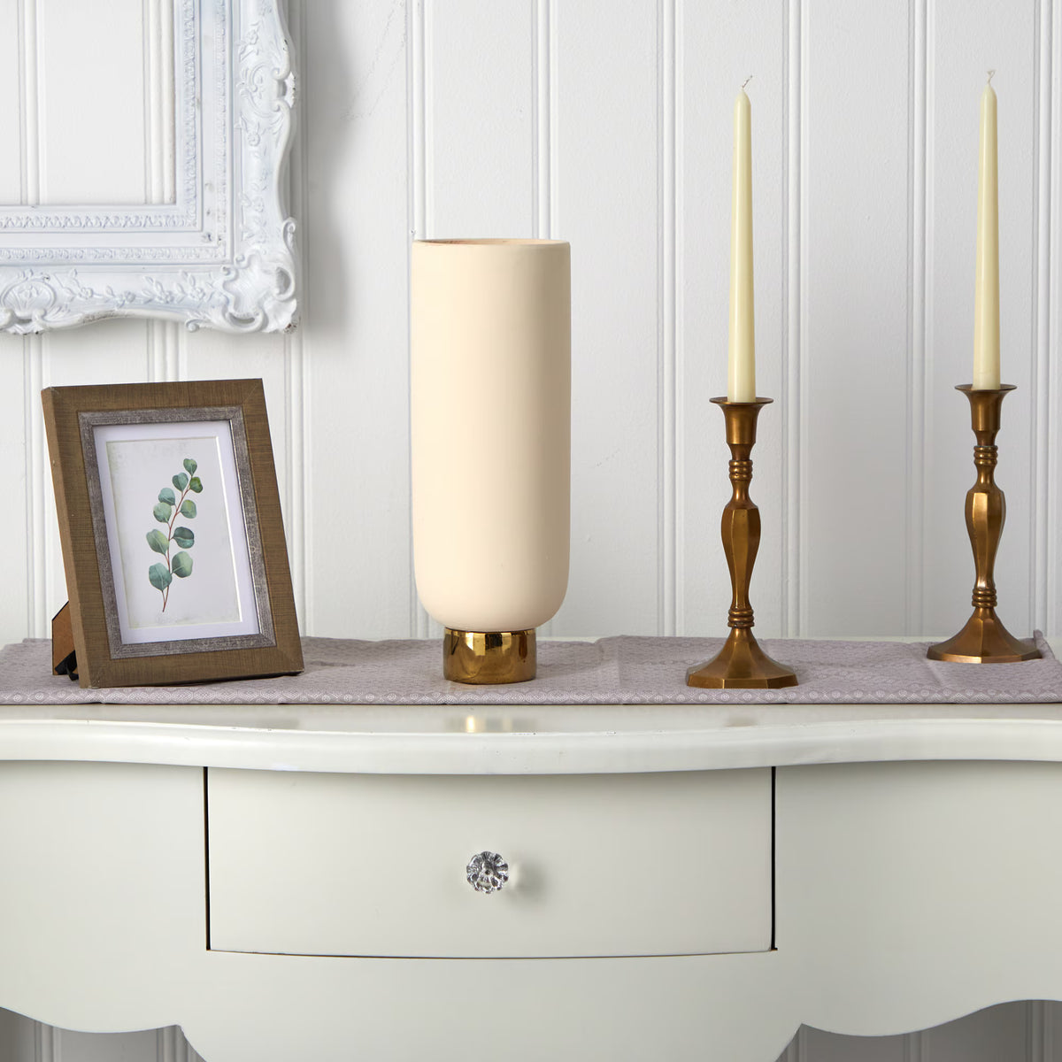 The Aurelia 13" Fluted Ceramic Vase with Brushed Brass Rim