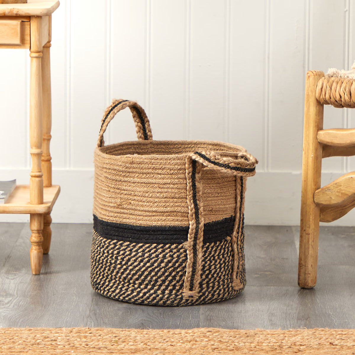 The Sedona 13" Two-Tone Natural & Black Jute Planter Basket