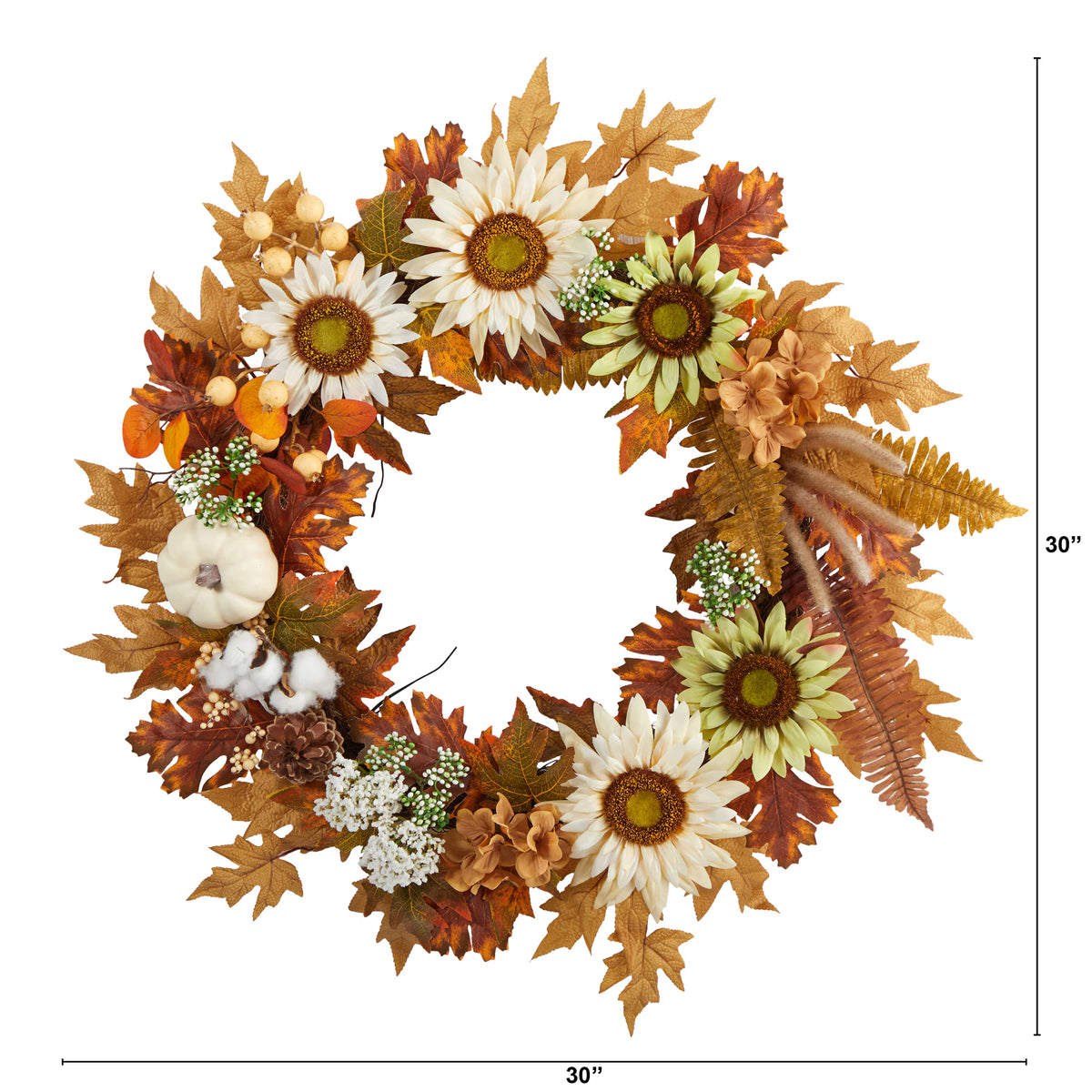 The Hampton 30" White Pumpkin & Autumn Sunflower Wreath