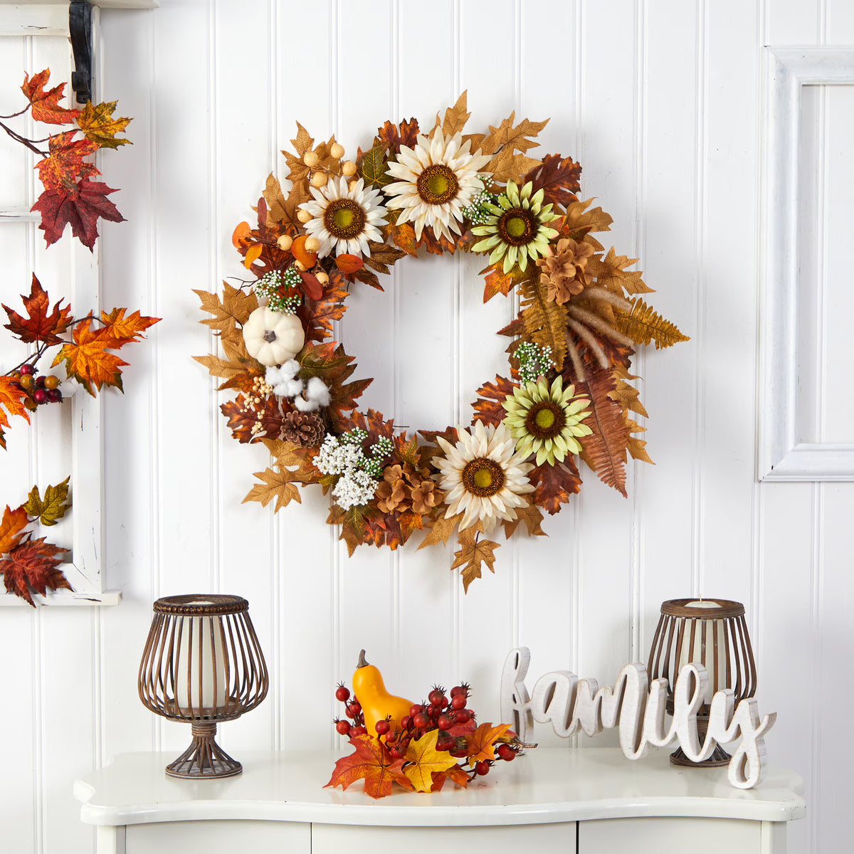 The Hampton 30" White Pumpkin & Autumn Sunflower Wreath