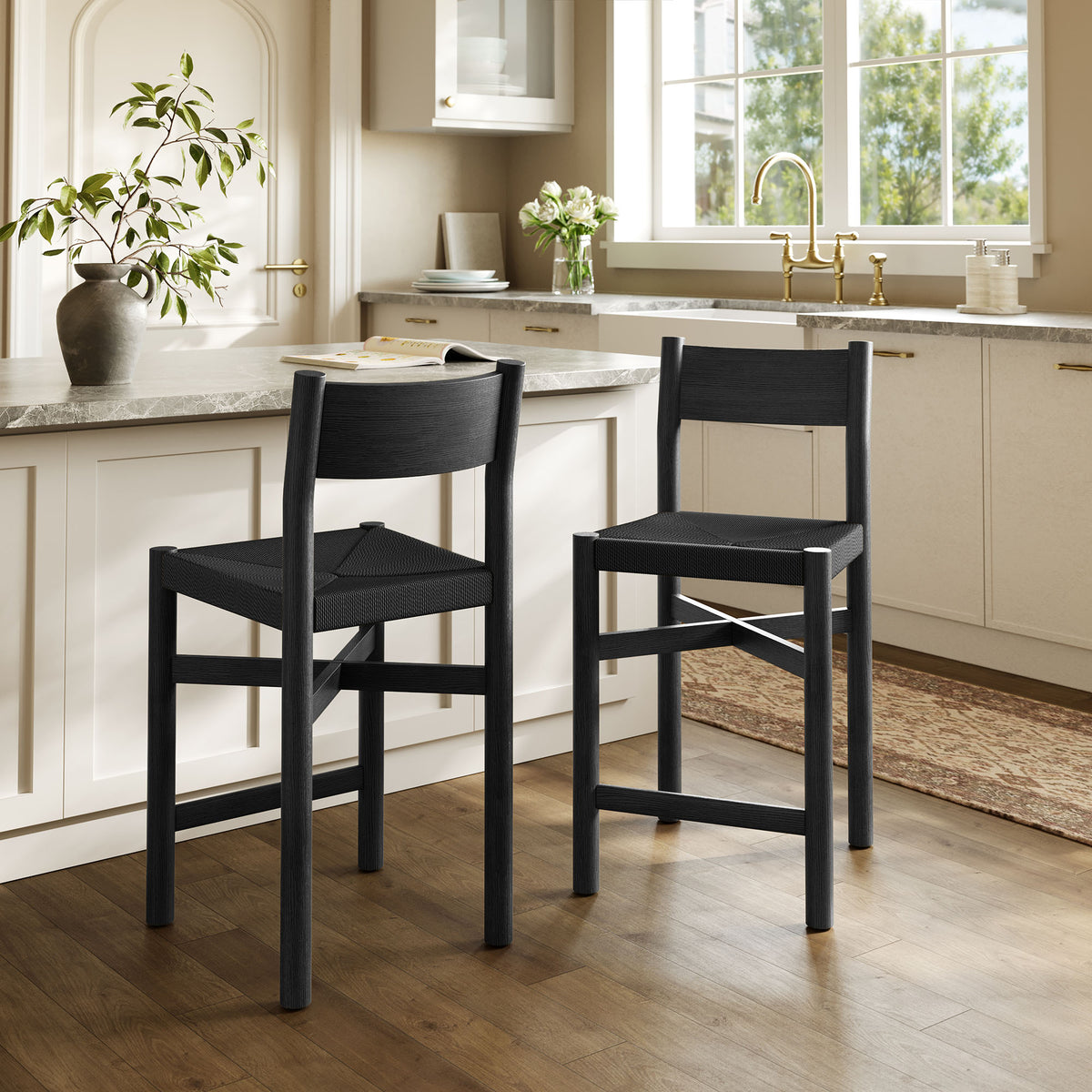 Alvia Oak Wood Counter Stools With Woven Seats Set of 2 - Additional View